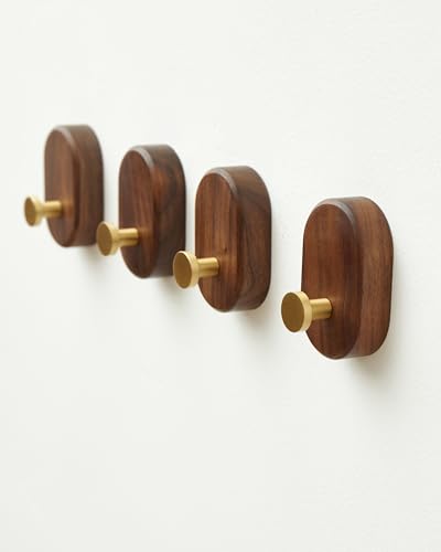 Wood Coat Hooks Wall Mount - Modern Walnut Coat Hook with Bronze Accent for Hanging Clothes,Keys,Purse,Robes,Towel,Backpacks, Single Brass Wall Hooks Heavy Duty for Entryway, Closet, Bathroom (4 Pack) - style: 4 Pack