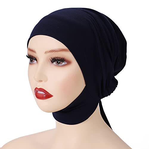 4 Pieces Muslim Hijab Inner Cap Cover Chin with Tie Back Stretchy Islamic Underscarf Underwrap Bonnet Turban Hat - color: White Navy Black Yellow