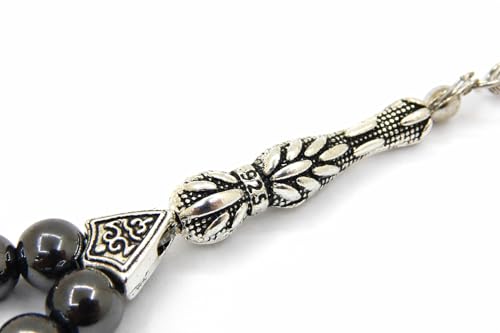 Perlin Muslim Prayer Beads 33 Bead Black Hematite Tasbih – Islamic Misbaha Subha Dhikr Beads with 8 mm Hematite Gemstone Beads and 925 Sterling Silver Imam, Ottoman Style Prayer Rosary, 26 cm