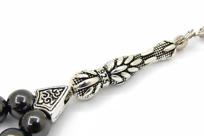Perlin Muslim Prayer Beads 33 Bead Black Hematite Tasbih – Islamic Misbaha Subha Dhikr Beads with 8 mm Hematite Gemstone Beads and 925 Sterling Silver Imam, Ottoman Style Prayer Rosary, 26 cm