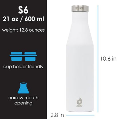 MIZU - S6 Slim Series Water Bottle | 19 oz. Double Wall Stainless Steel Vacuum Insulated | Narrow Mouth with Leak Proof Cap | Multiple Colors | BPA Free - color: White