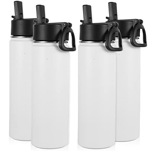 Volhoply Insulated Water Bottles with Straw Bulk 4 Pack, Not Suitable for Sublimation, 22 oz Stainless Steel Double Walled Vacuum Sports Bottle with Handle Lid,(White,4 Set) - color: White