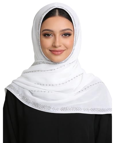 RARITYUS Sparkly Rhinestone Hijab Scarf for Women Silky Chiffon Instant Muslim Islamic Hijab Head Wrap Long Shawls - color: White