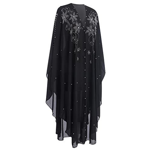 OBEEII Muslim Dress for Women Loose Batwing Sleeved Hooded Beaded Embroidery Long Abaya Dress Kaftan Abayas Islamic Robe - color: Bs01