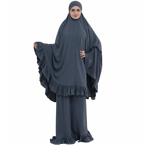 2PCS Women Muslim Prayer Abaya Dress Ruffle Trim Side Pockets with Khimar - color: Dark Gray, size: Medium
