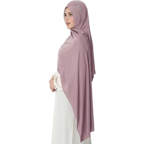khalat Instant Hijab 여성용 무슬림 샤이니 라인스톤 데일리 스카프 부드럽고 신축성 있는 단색 이슬람 기도 히잡 - color: 라이트 퍼플