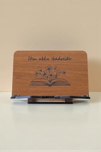 Adjustable Wooden Book Stand for Reading and Quran - Ergonomic Desktop Rahle with 4-Level Tilt Mechanism, Sturdy MDF Construction, and Flexible Metal Page Holders - Appropriate for Books and Tablets