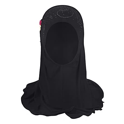 Girls Ice Silk Muslim Khimar Hijab Headscarf Flower Arab Scarf Shawls Neck Wrap Islamic Head Wrap for Age 2-7 Years - color: Style 3-black
