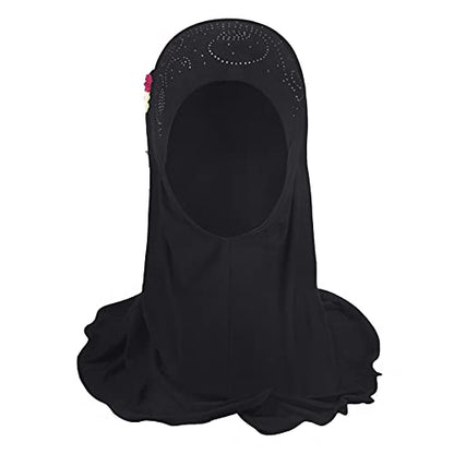 Girls Ice Silk Muslim Khimar Hijab Headscarf Flower Arab Scarf Shawls Neck Wrap Islamic Head Wrap for Age 2-7 Years - color: Style 3-black
