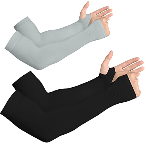 YESLIFE UV Sun Protection Arm Sleeves for Men & Women,UPF 50 Cooling Sports Sleeve - color: Gray + Black - With Thumb Hole, size: 2 Pairs