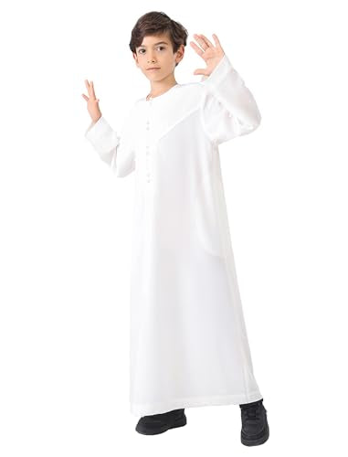 OBEEII Boy's Muslim Thobe Arab Long Sleeve Abaya Kaftan Robe Eid Ramadan Islamic Middle East Dubai Prayer Dress with Pockets - color: White, size: 7-8 Years