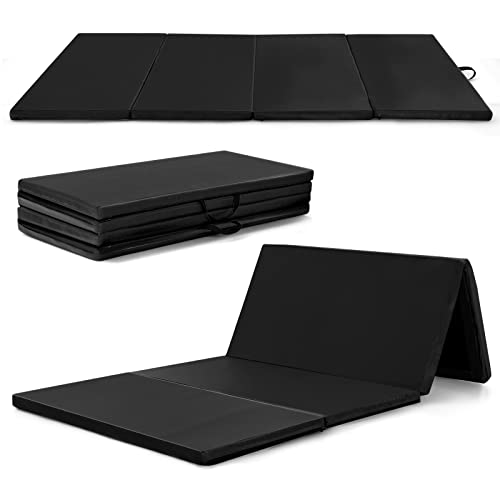 GYMAX Gymnastics Mat, 4 FT x 8 FT x 2 Inches Folding Exercise Mat w/Carry Handles & Sturdy Stitching Waterproof Cover, Tumbling Mat for Yoga Stretching Martial Arts Home Gym - color: Black