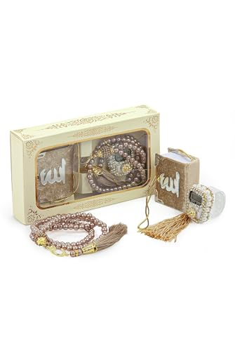 ihvan online Mini Velvet Quran Set with Islamic Finger Counter, Portable Digital Tasbeeh, Muslim Prayer Beads, Pearl Zikirmatic Beads, 3 Pieces Gift Set for Mevlüt (Gold) - color: Gold