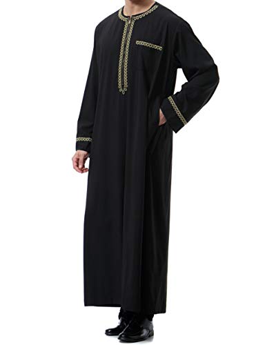 Islamic Mens Clothing Kaftan Maxi-Muslim Male Shirt Long Sleeve Abaya Dubai Cotton… - color: Black-a, size: Small
