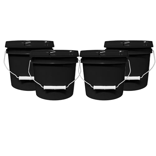1-Gallon Bucket with Airtight Lid – Made in USA, Food Grade BPA Free Plastic, Heavy Duty Multi-Use, Metal Handle with Grip, Stackable Storage – Black, 4 Pack - color: Black, size: 4