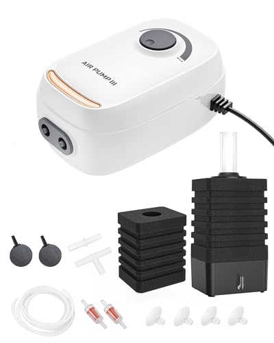 MoonOrange 3W/6W Aquarium Air Pump, Adjustable Aquarium Aerator with 2-Outlet, Super-Powerful & Quiet Oxygen Pump for Fish Tanks up to 100/200 Gallon with Full Accessories.(Upgrade Noise-Reduce) - style: AR-10 NEW Pump+Sponge Filter-L