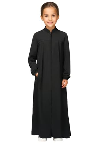 Girls Abaya Muslim Dress with Front Zipper 2 Pockets Dress Long Sleeve Solid Islamic Prayer Clothes for Kids - color: Black, size: 7-8 Years
