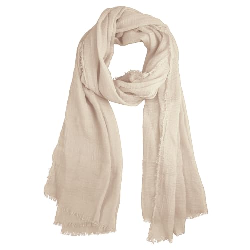 Summer Cotton Blend Crinkle Vintage Soft Scarf with Fringed Edges 35" × 70" - color: Khaki