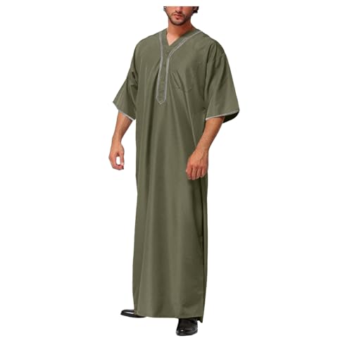 Thobe for Men Muslim Islamic Robe Kaftan Long Sleeve Jubba Arabic Dress Ramadan Eid Traditional Gown A14 - color: Green, size: Small