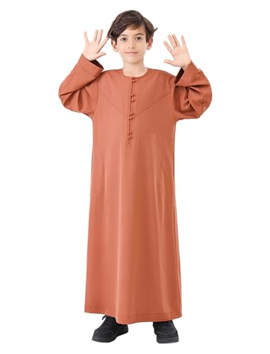 OBEEII Boy's Muslim Thobe Arab Long Sleeve Abaya Kaftan Robe Eid Ramadan Islamic Middle East Dubai Prayer Dress with Pockets - color: Camel, size: 7-8 Years