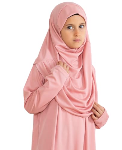 Prien Kids Prayer Dress Muslim Clothes for Girls Long Sleeve Abaya with Hijab Two Piece Maxi Islamic Set Scarf Kaftan Jilbab - color: Powder Pink