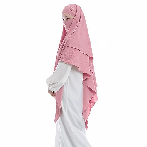 Khalat Muslim Prayer Hijab - 2 Layers Soft Breathable Islamic Dubai Women's Instant Long Hijab - color: Pink