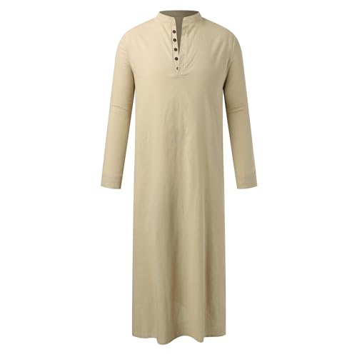 Men’s Muslim Islamic Thobe Robe Kaftan Long Sleeve Jubba Arabic Saudi Style Embroidered Formal Gown A11 - color: Khaki, size: Medium