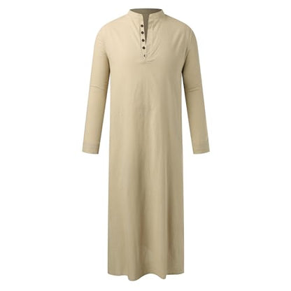 Men’s Muslim Islamic Thobe Robe Kaftan Long Sleeve Jubba Arabic Saudi Style Embroidered Formal Gown A11 - color: Khaki, size: Small