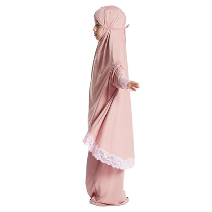 AWIBMK Girls Abaya Dubai Kaftan Prayer Dress and Full Cover Lace Hijab Kids Muslim Robe Ramadan Dresses Modest Clothing - color: Pink, size: 11-12 Years