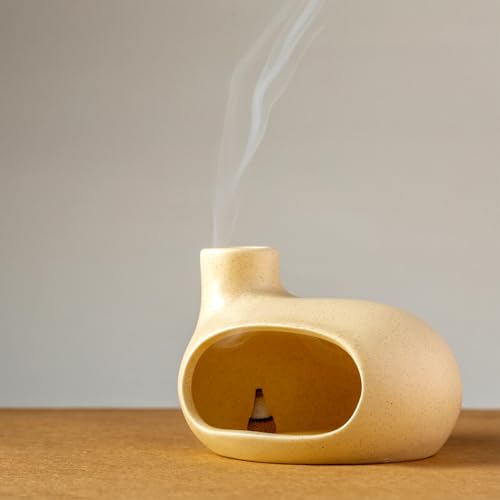 MOUGIGI Palo Santo Holder - Ceramic Incense Burner for Palo Santo Sticks, Cone, and Spiritual Sage - Modern Chiminea for Meditation - Handcrafted Smudge Bowl and Meditation Gift - color: Glazed Ceramics - Beige