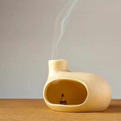 MOUGIGI Palo Santo Holder - Ceramic Incense Burner for Palo Santo Sticks, Cone, and Spiritual Sage - Modern Chiminea for Meditation - Handcrafted Smudge Bowl and Meditation Gift - color: Glazed Ceramics - Beige
