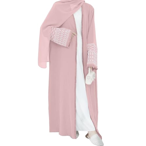 Muslim Dresses for Women Ramadan Kimono Long Sleeve Embroidered Islamic Cardigan Prayer Dress Abaya Kaftan with Belt - color: Pink, size: Small