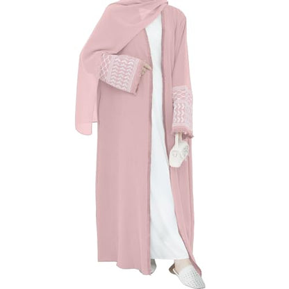 Muslim Dresses for Women Ramadan Kimono Long Sleeve Embroidered Islamic Cardigan Prayer Dress Abaya Kaftan with Belt - color: Pink, size: X-Large