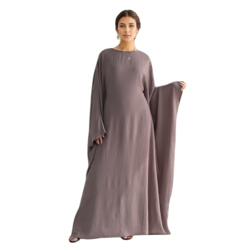 Abaya Dress for Women Soft Crepe Like Linen Khimar Butterfly Batwing Dubai Islam Muslim Kaftan Modest Prayer Dress - color: Tarocolor, size: Medium