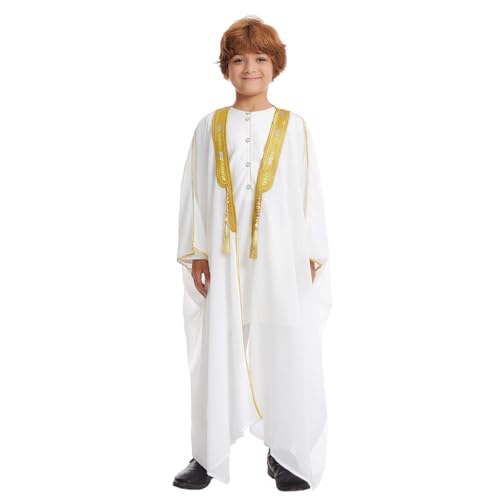 Kids Boys Muslim Cardigan Kaftan for Eid Ramadan Arabic Dubai Chiffon Long Sleeve Open Front Embroidered Robe - color: White, size: 5-7 Years