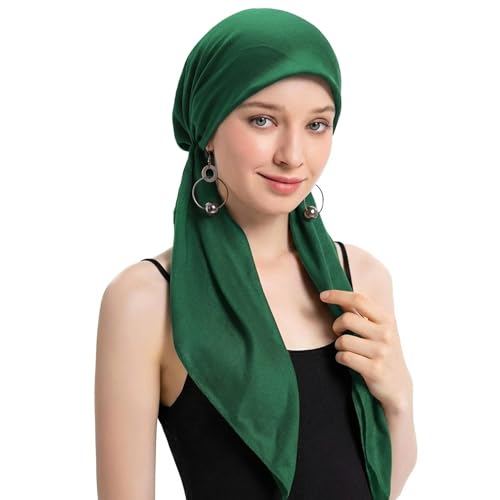 ZLYC Chemo Headwear Long Pre Tied Head Scarf Beanie for Women - color: Solid Green