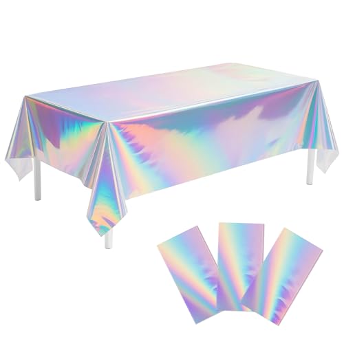 Childom 3 Pack Iridescent Tablecloth,54" x 108" Birthday Party Tablecloths Iridescence Plastic Disposable Table Covers Iridescent Party Decorations,Plastic Tablecloth for Buffet Table,Birthday Decors - color: Laser Color