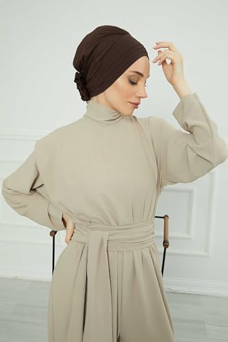 Aisha's Design Instant Turban Head Wraps for Women, Combed Cotton Scarf Lightweight Pre tied Hijab with Back Rose Detail - color: Brown