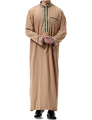 Islamic Mens Clothing Kaftan Maxi-Muslim Male Shirt Long Sleeve Abaya Dubai Cotton… - color: Light Brown B, size: Large
