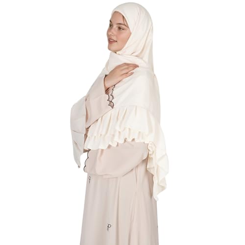 Prayer Hijab for Women Muslim Cotton Blend Lightweight Ruffled Square Scarf - color: Beige