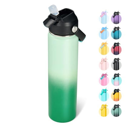 Fijinhom 24oz Insulated Stainless Steel Water Bottle, Wide Mouth Double Wall Vacuum, Silicone Straw, Sweat & Leak Proof, BPA Free Insulated Water Flask for Travel, Green Gradient - color: Green Gradient, size: 24 Ounces
