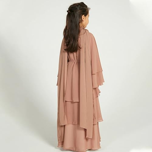 IDOPIP Muslim Girls Abayas Dress for Kids Long Sleeve Chiffon Islamic Kaftan Robe Open Front Cardigan Prayer Dress with Hijab - color: Light Brown, size: 3-4T