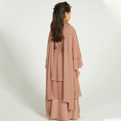 IDOPIP Muslim Girls Abayas Dress for Kids Long Sleeve Chiffon Islamic Kaftan Robe Open Front Cardigan Prayer Dress with Hijab - color: Light Brown, size: 3-4T