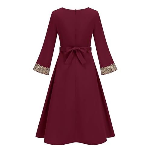 OBEEII Girls Muslim Abaya Ramadan Long Bell Sleeve V Neck Sequins Church Prayer Dress with Belt Islamic Eid Robe Kaftan - color: Wine Red-sequins, size: 4-5 Years