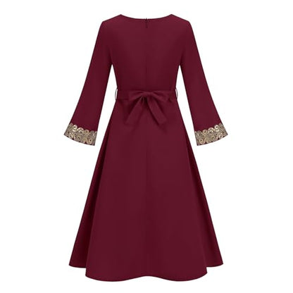 OBEEII Girls Muslim Abaya Ramadan Long Bell Sleeve V Neck Sequins Church Prayer Dress with Belt Islamic Eid Robe Kaftan - color: Wine Red-sequins, size: 12-13 Years