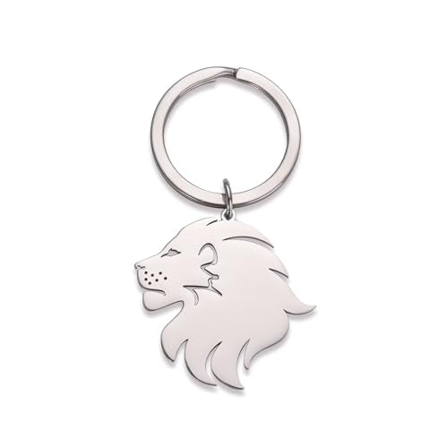 Dreamtimes Lion With King Crown Keychain for Men Stainless Steel Lion Punk Rock Keychain Bag Car Key Pendant Keychain - color: Silver-2