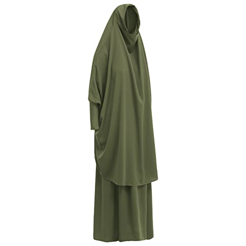 Prayer Clothes for Muslim Women Islamic Abaya Suit Maxi Skirt + Khimar Hijab 2pcss Burka Jilbab Kaftan - color: Army Green