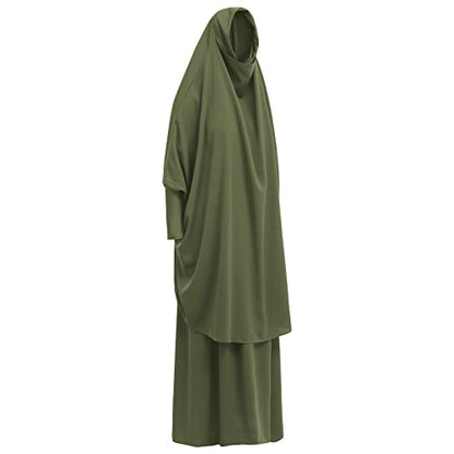 Prayer Clothes for Muslim Women Islamic Abaya Suit Maxi Skirt + Khimar Hijab 2pcss Burka Jilbab Kaftan - color: Army Green