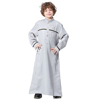 Boy's Muslim Arab Islamic Kaftan Embroidered Robe Solid Color Thobe Islamic Arabic Abaya Ethnic Dress With Pockets - color: Grey Stripe, size: 4-5T