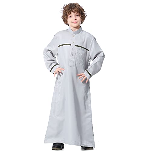 Boy's Muslim Arab Islamic Kaftan Embroidered Robe Solid Color Thobe Islamic Arabic Abaya Ethnic Dress With Pockets - color: Grey Stripe, size: 5-6 Years